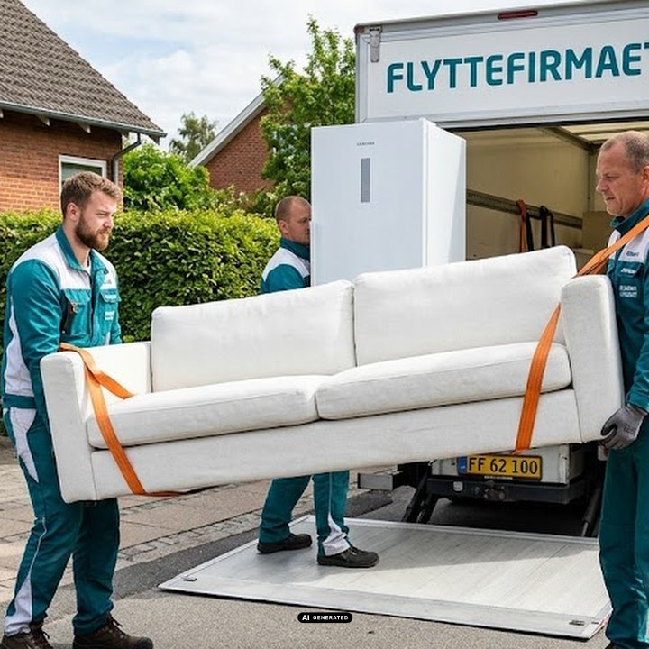 Flytning af møbler og hvidevarer hvor flyttemænd bærer en sofa med bæreseler og et køleskab ind i flyttebilen