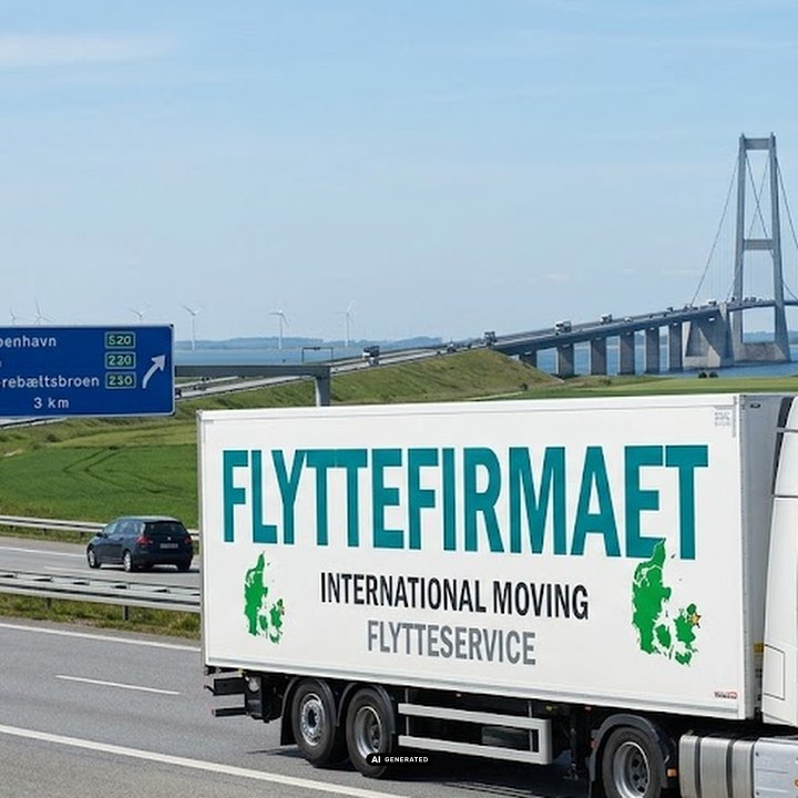 Udlandsflytning med stor flyttebil på motorvejen ved Storebæltsbroen på vej mod udlandet