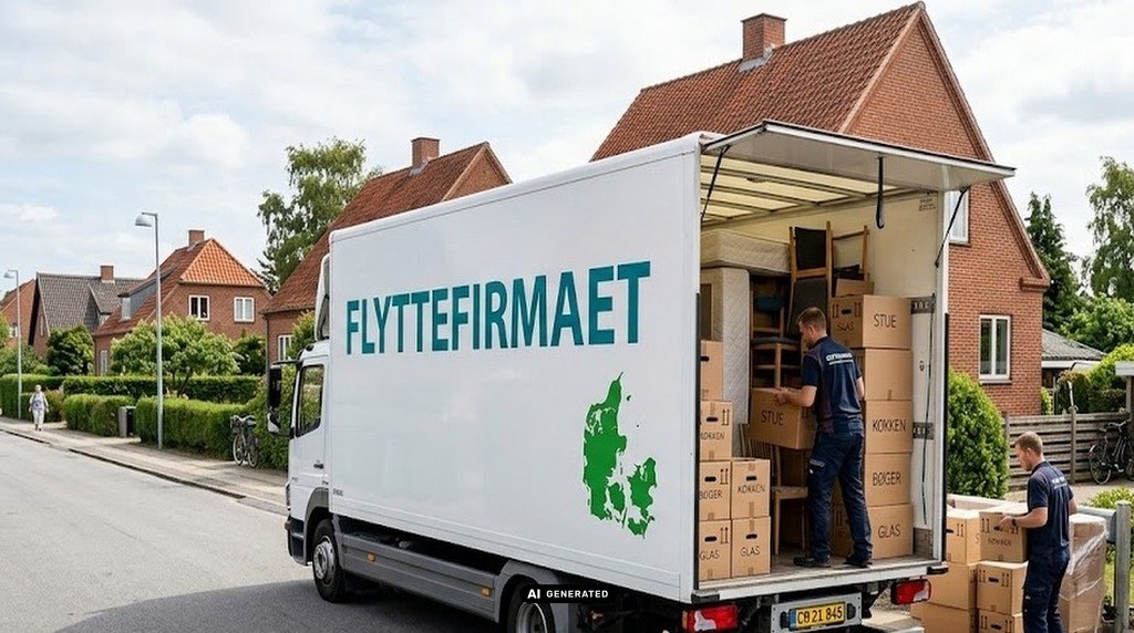 Flyttekasser stablet professionelt i lastbil